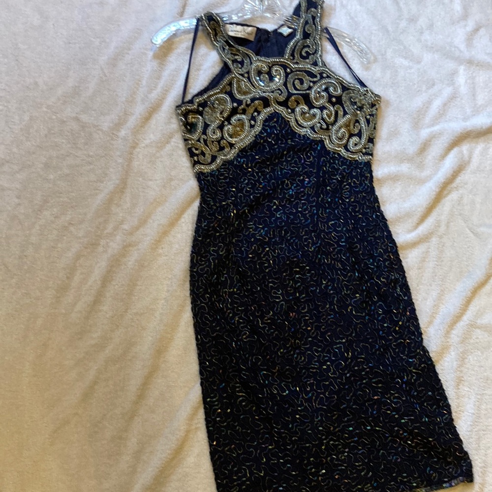 Vintage Beaded and Sequined Navy Dress with Gold/Pearl/Silver Beading
